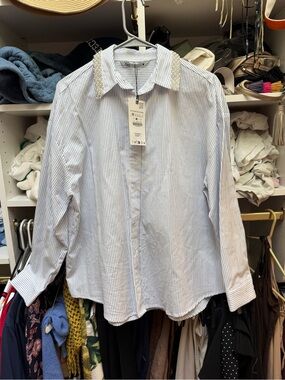 Zara Blue Stripe Button-Up Shirt with Embellished Collar